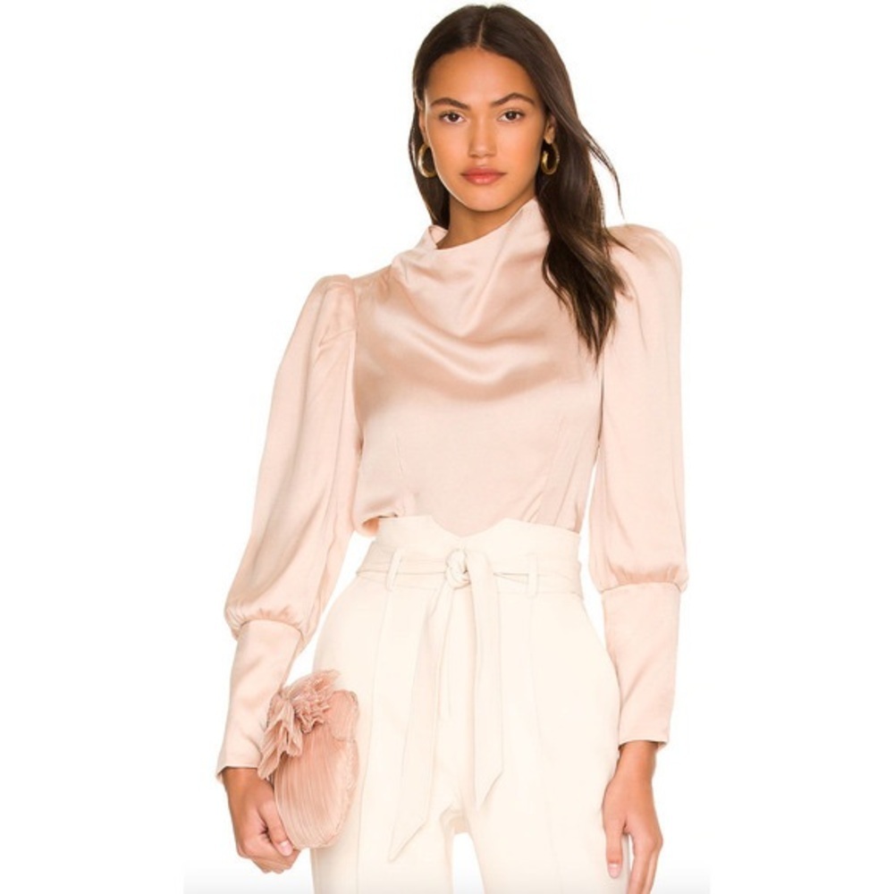 Astr Blush Satin Puff-Sleeve Cowl Neck Blouse
